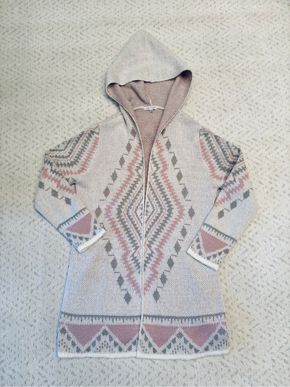 Woven Heart Hooded Long Cardigan Sweater Size XL Pastel Southwestern Warm Knit
